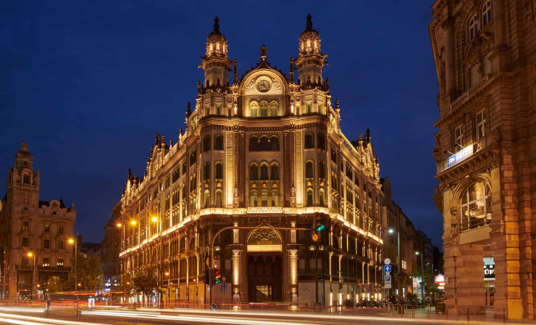 The stunningly ornate enclosed shopping passage and colored glass ceiling of the Párisi Udvar