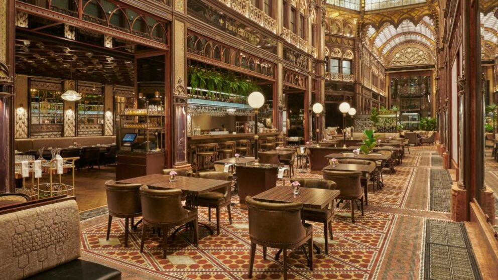 The luxurious interior of the Parisi Passage Café & Brasserie in Budapest, Hungary