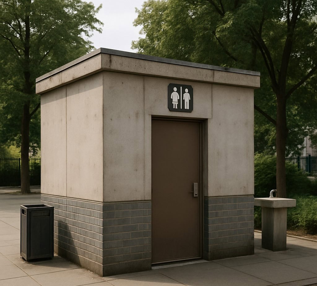 A concrete public restroom building situated in a green park