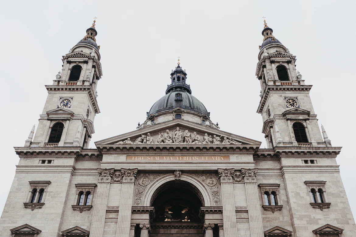 The main towers and dome of St Stephen’s Basilica in Budapest, Hungary