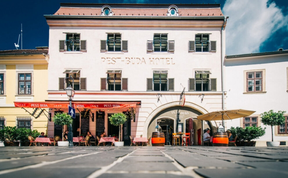 The white façade of Pest-Buda Bistro, one of the oldest restaurants in Hungary