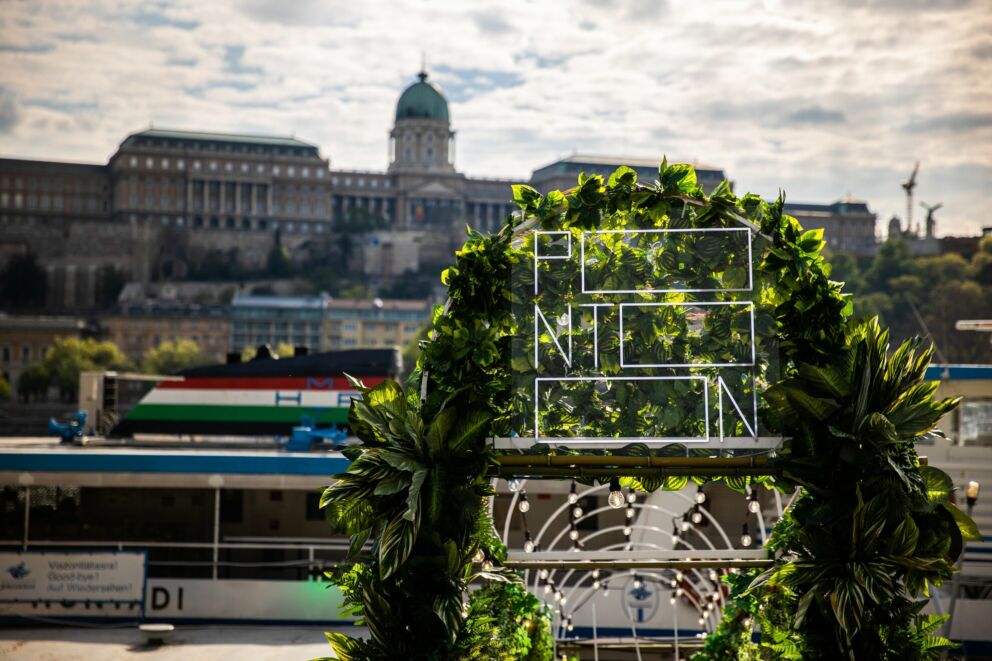 The neon Pontoon sign framed by green leaves with Buda Castle in the background