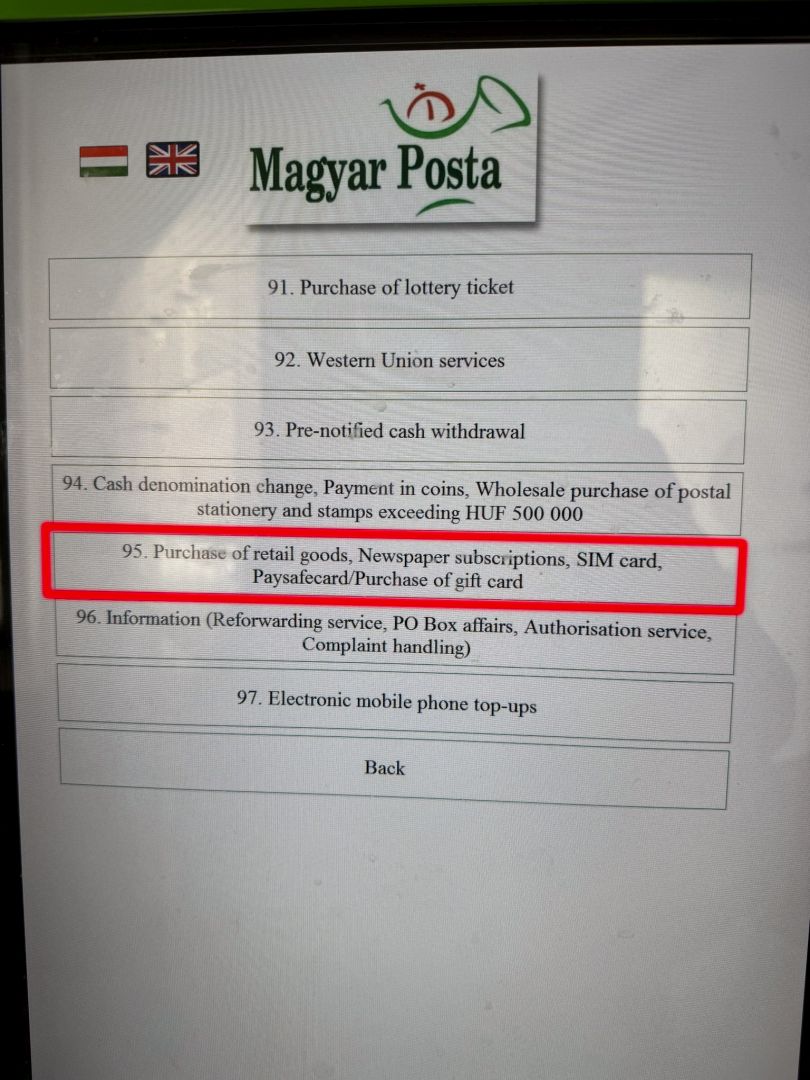 The English menu on a Hungarian post office ticket dispenser