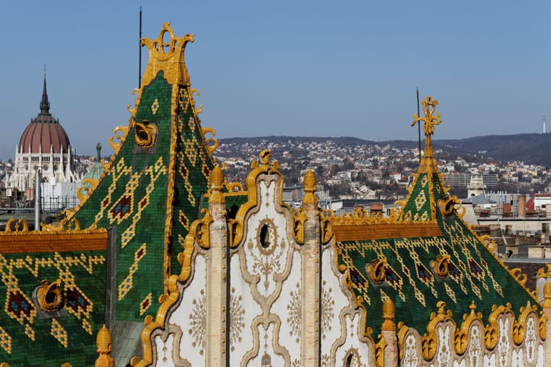 The iconic colorful Zsolnay tiled roof of the Postal Savings Bank