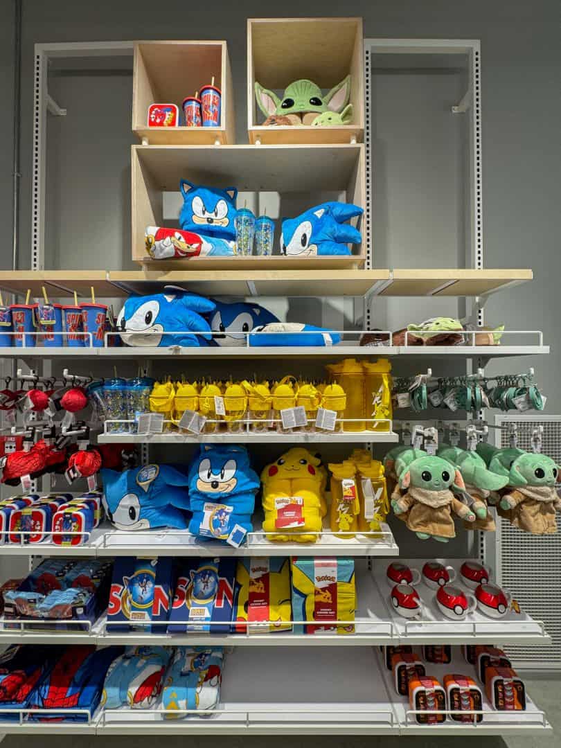 Licensed pop culture goods including Sonic the Hedgehog and Pokemon merchandise