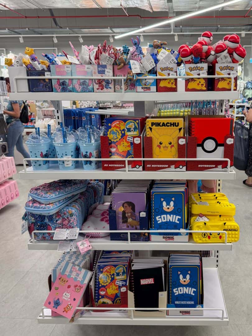 A colorful stationary section packed with fun character-themed school supplies