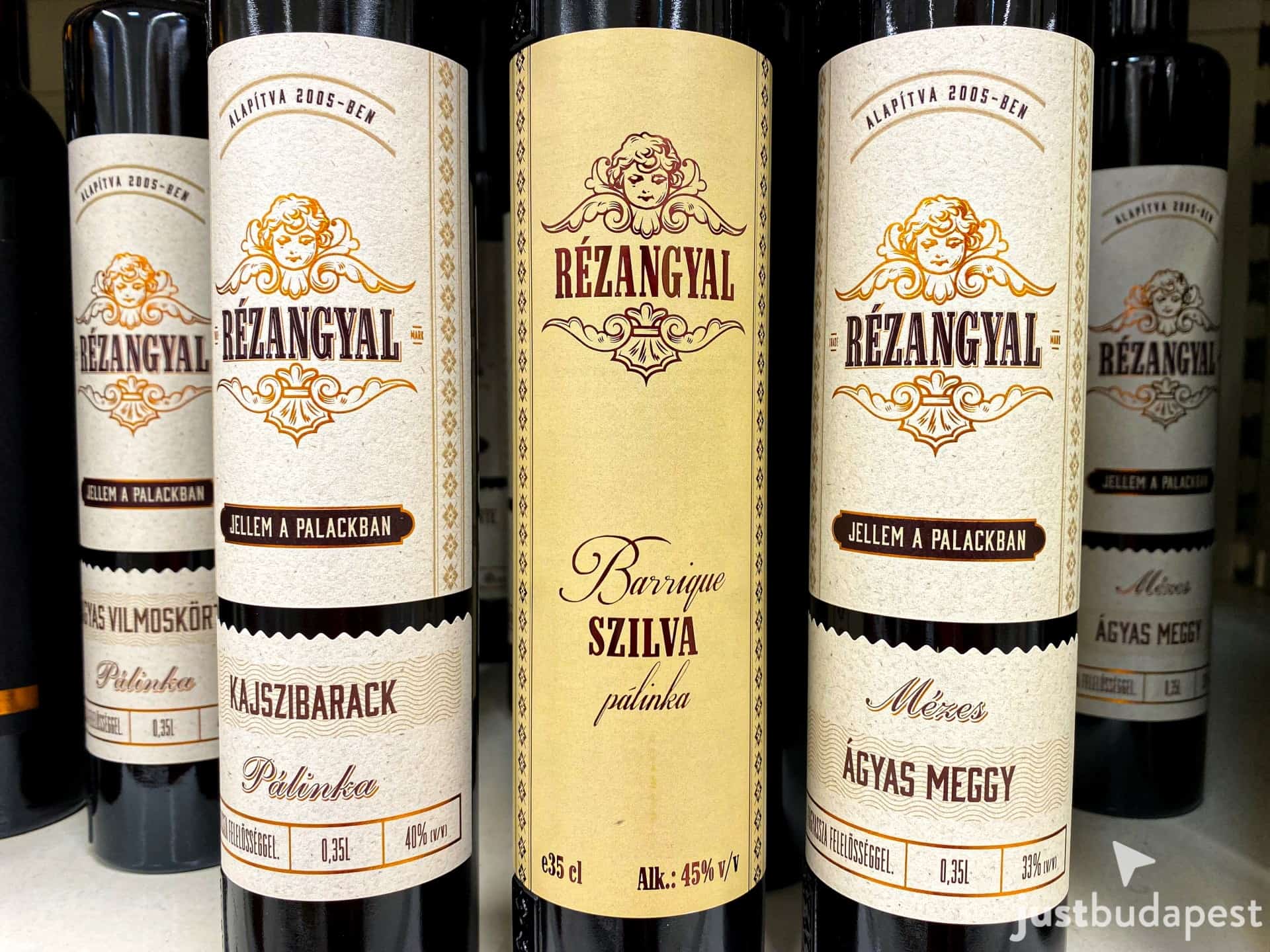 Bottles of Rézangyal Pálinka, the traditional Hungarian fruit brandy, in different flavors and varieties.