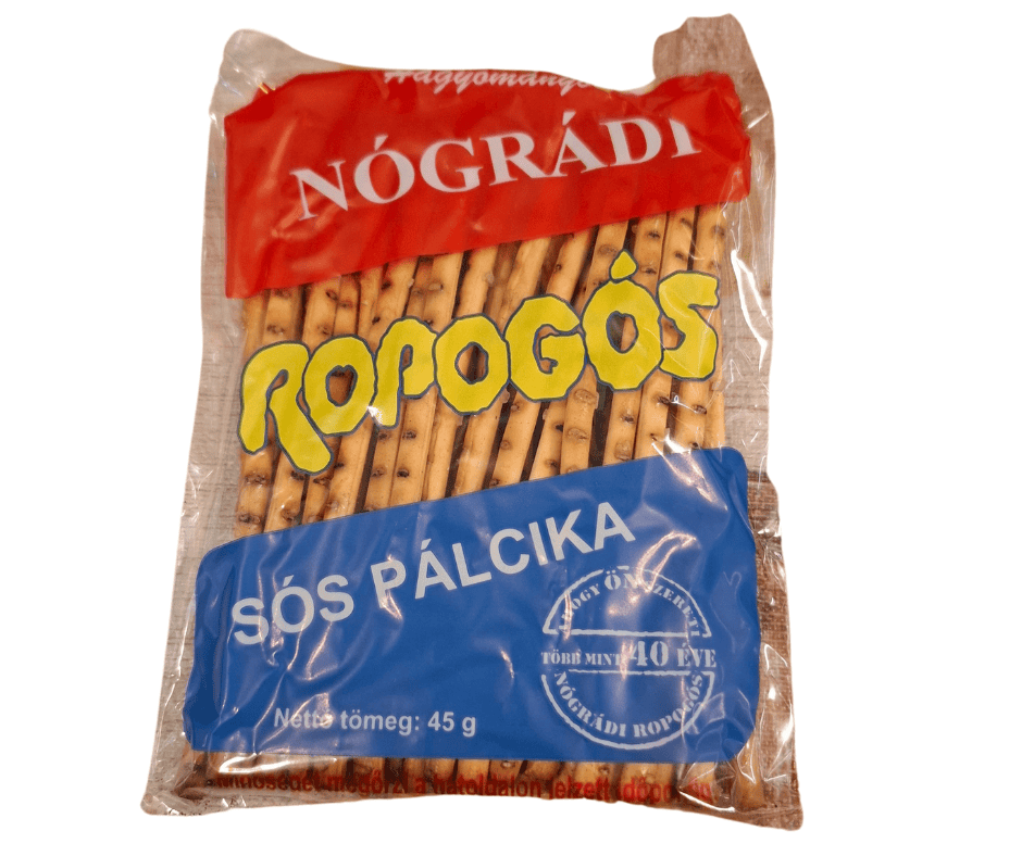 A bag filled with long, heavily salted brown pretzel sticks known as Ropi