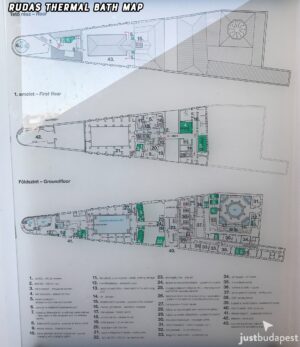 A floor plan map showing the layout of the different sections at Rudas Baths