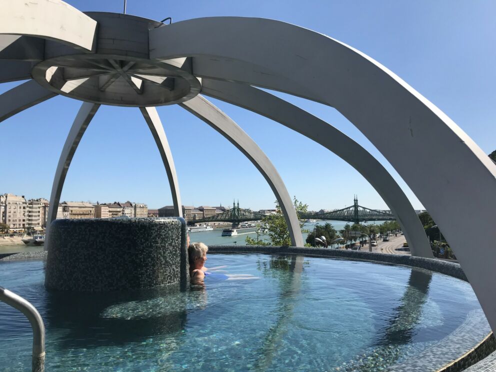 Steaming hot thermal water in the rooftop pool of Rudas Baths overlooking the Danube