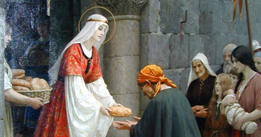 A classical painting of Saint Elizabeth of Hungary handing bread to a poor woman