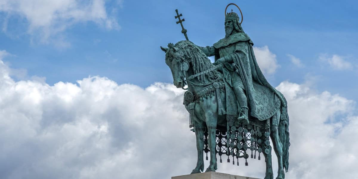 The bronze equestrian statue of St Stephen holding the double cross