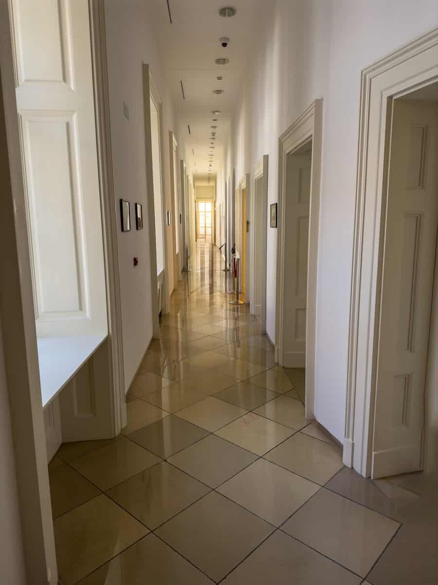 A long vaulted corridor inside Sandor Palace