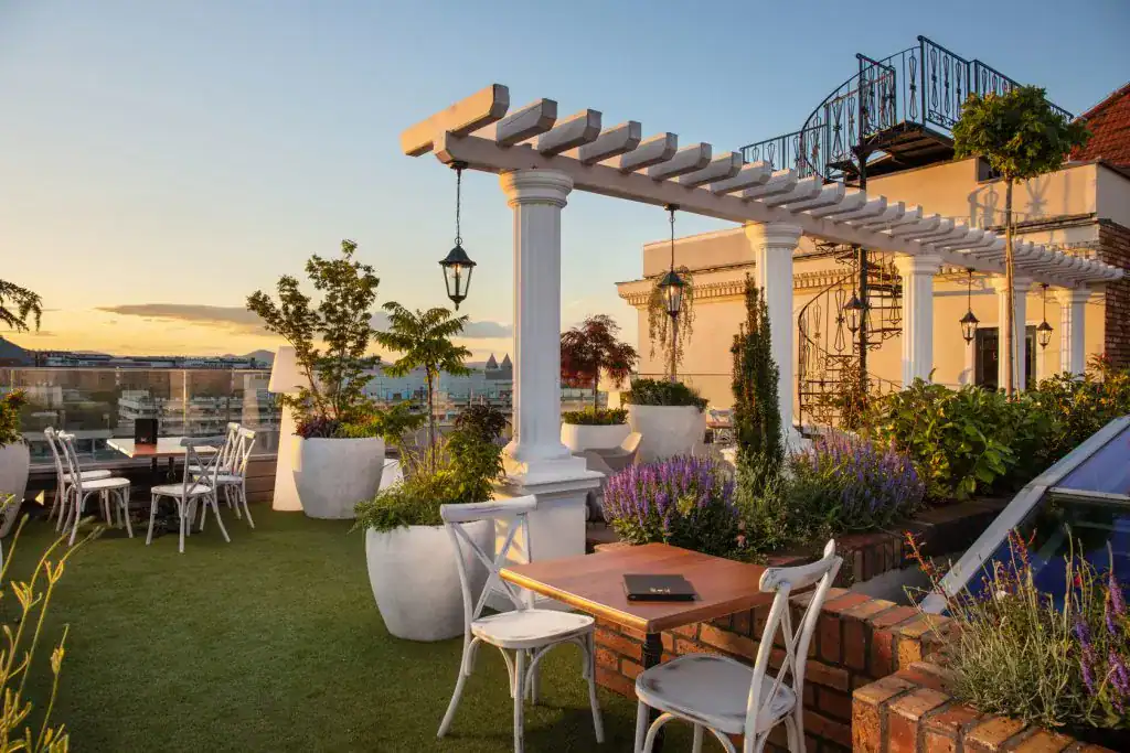 The Greek-inspired rooftop garden and terrace at Mystery Hotel SkyGarden