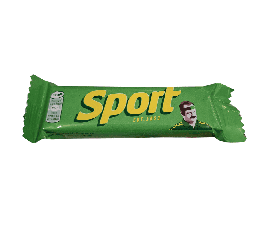 The retro green and yellow foil wrapper of a Sport Szelet rum chocolate bar