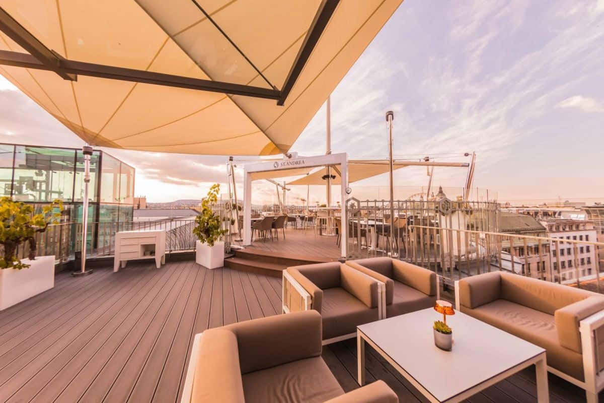The sleek modern design and sunset view at St Andrea Wine and Skybar