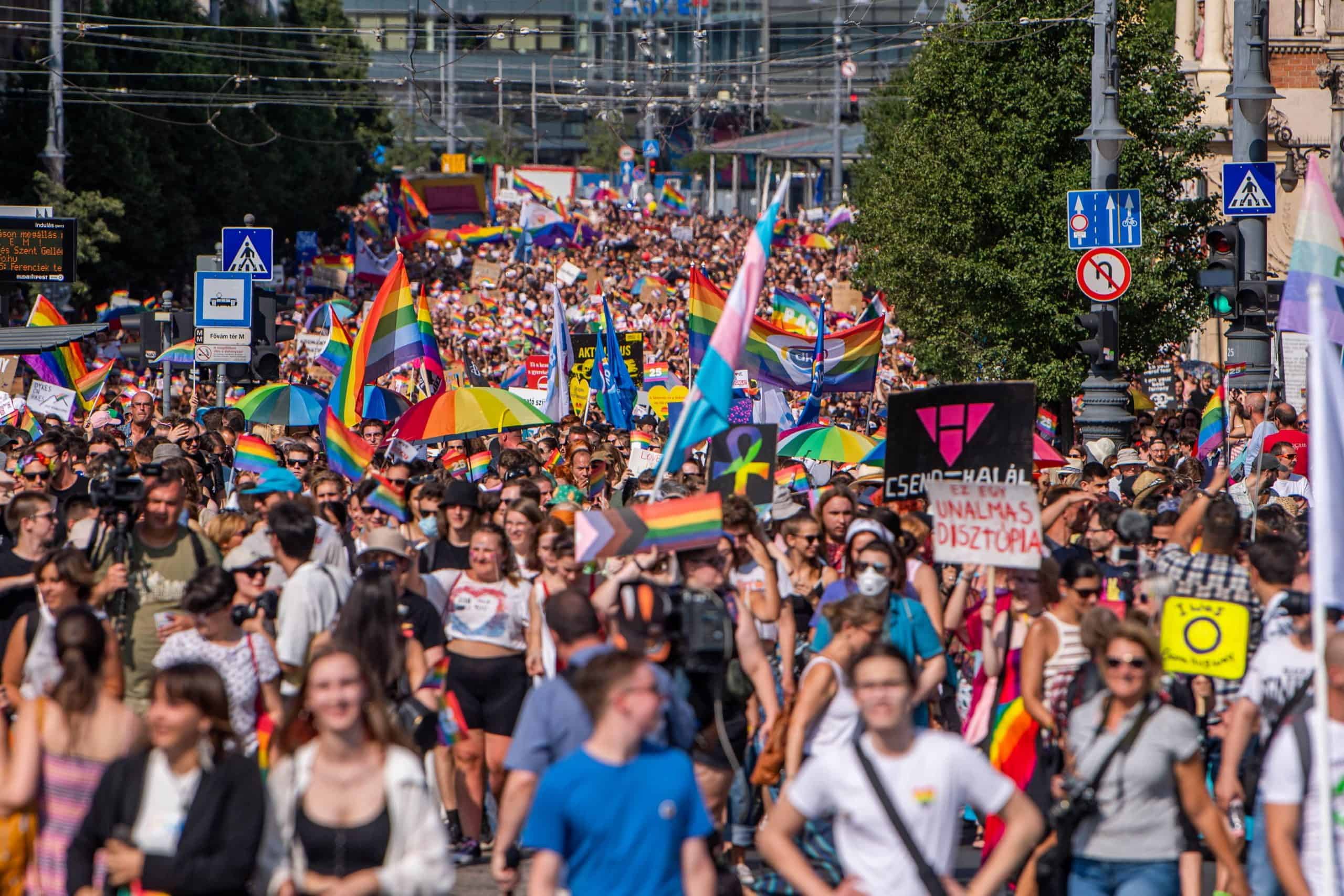 The iconic green Liberty Bridge decorated with rainbow flags during Pride