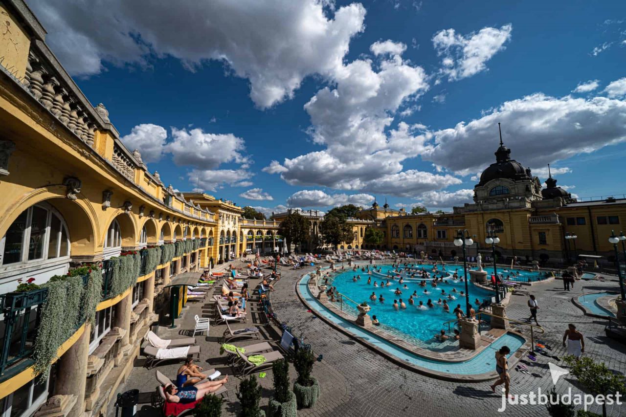 The iconic yellow exterior and outdoor thermal pools of Szechenyi Bath