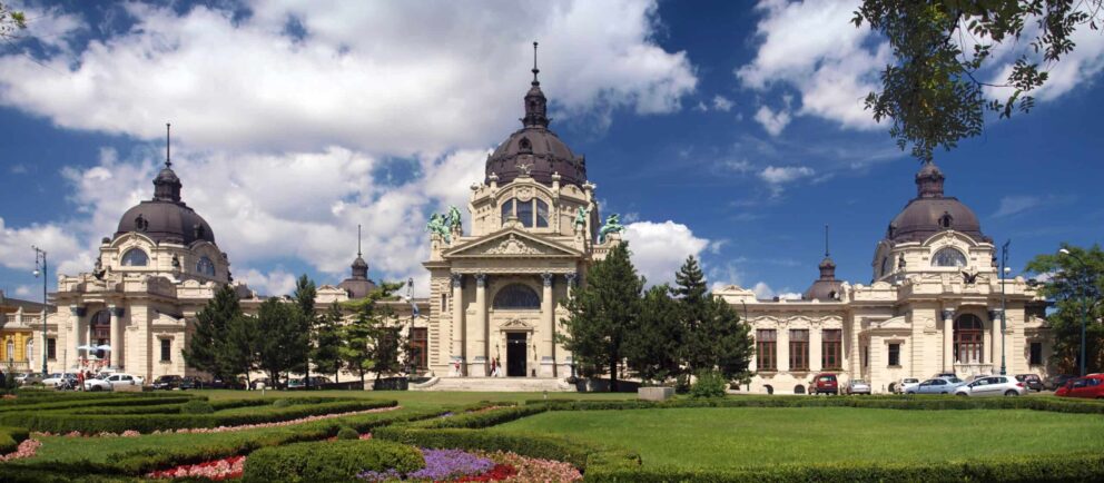 The magnificent grand front facade of the Szechenyi Bath palace