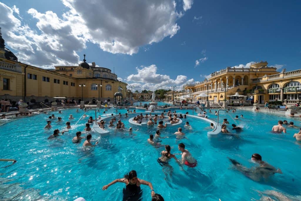 Crowds enjoying the circular whirlpool at Széchenyi Baths
