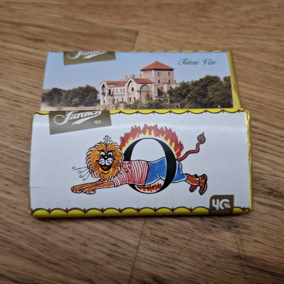 Multiple retro-branded Szerencsi chocolate bars in classic vintage foil packaging