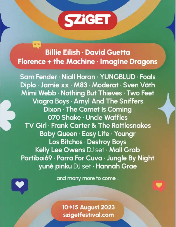 The official lineup poster for the 2023 Sziget Festival featuring major headliners
