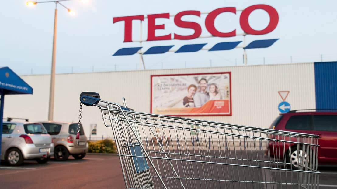 The recognizable Tesco branding at a large hypermarket in Budapest