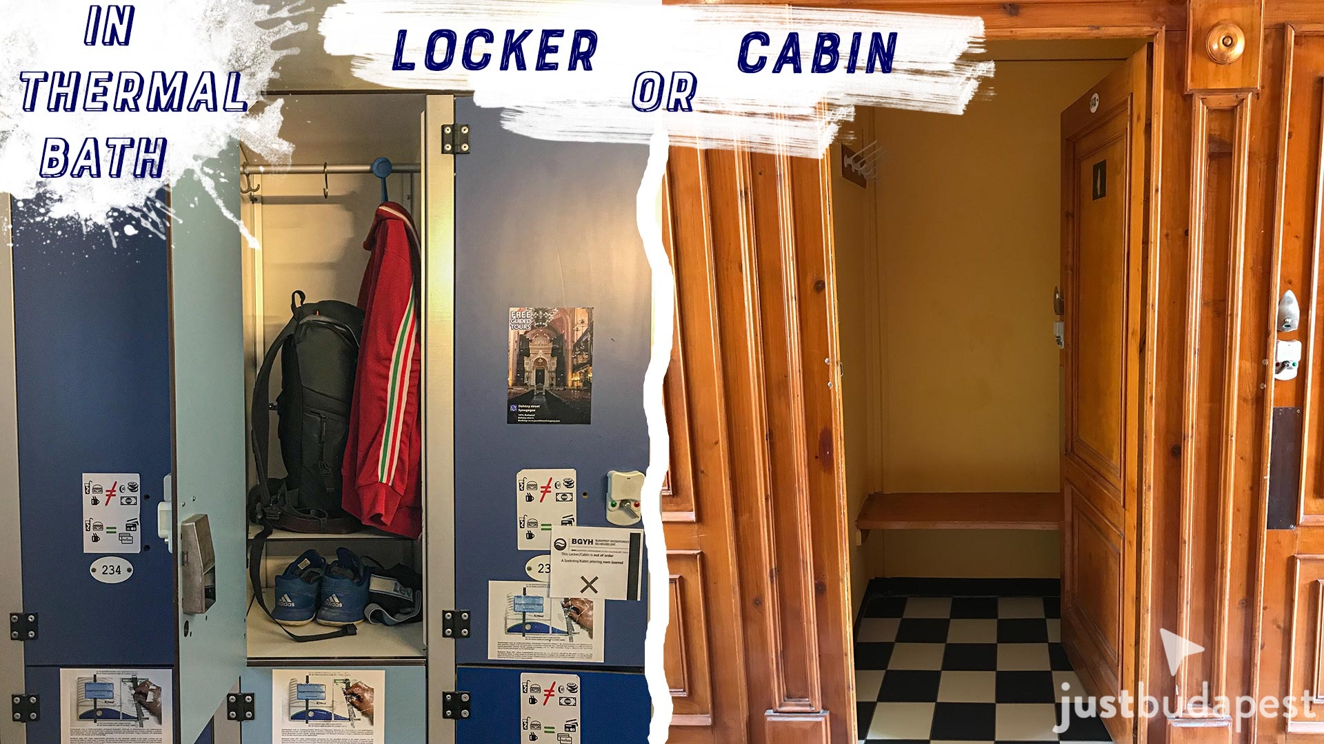 Side-by-side comparison of standard lockers and private cabins in thermal baths