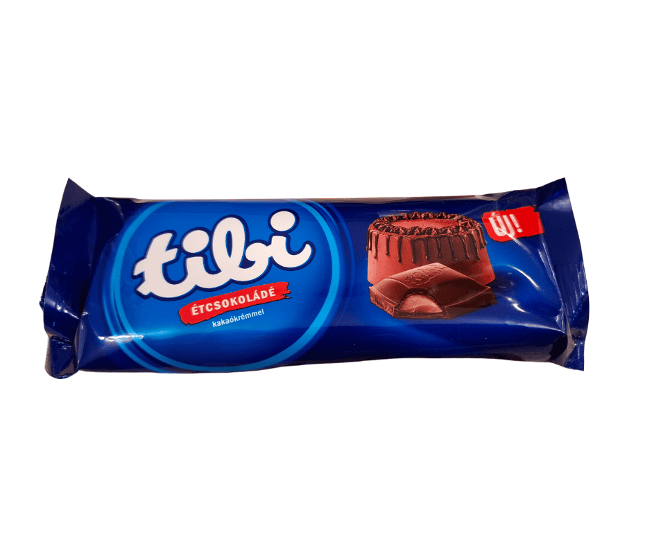 The iconic, bright orange vintage wrapper of a traditional Tibi chocolate block