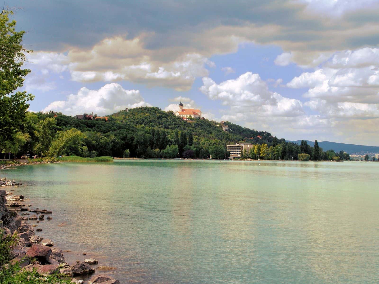 The Tihany Abbey overlooking the blue waters of Lake Balaton