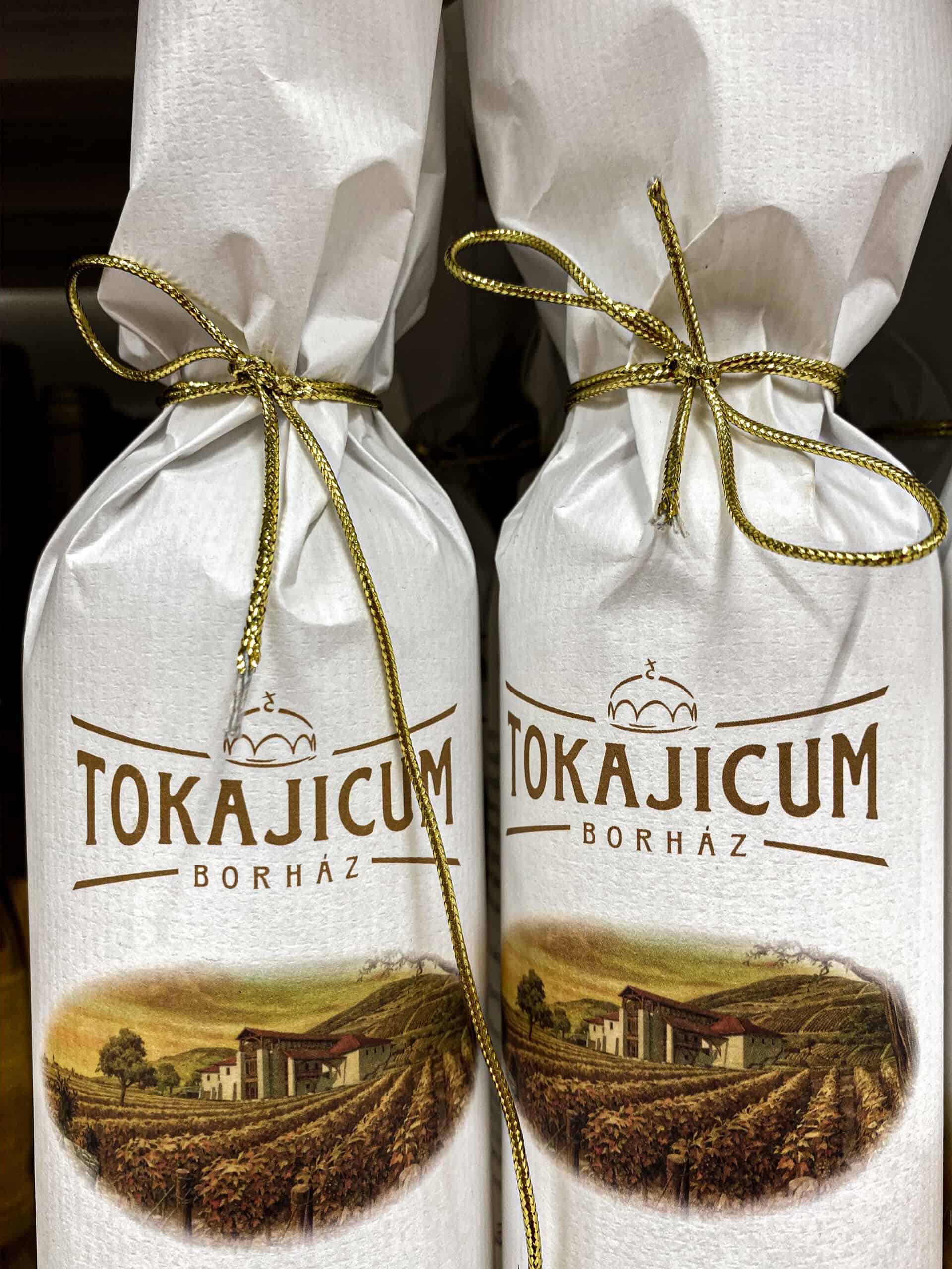 Wrapped bottles of Tokaj wine in a Budapest shop