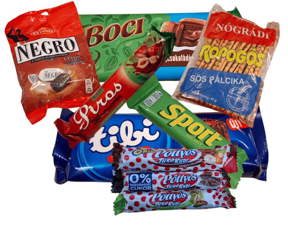 A colorful graphic collage of many iconic Hungarian retro snacks and candies