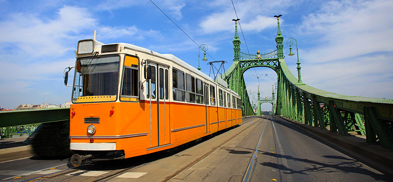 Tram going across Szabadság-híd, Budapest