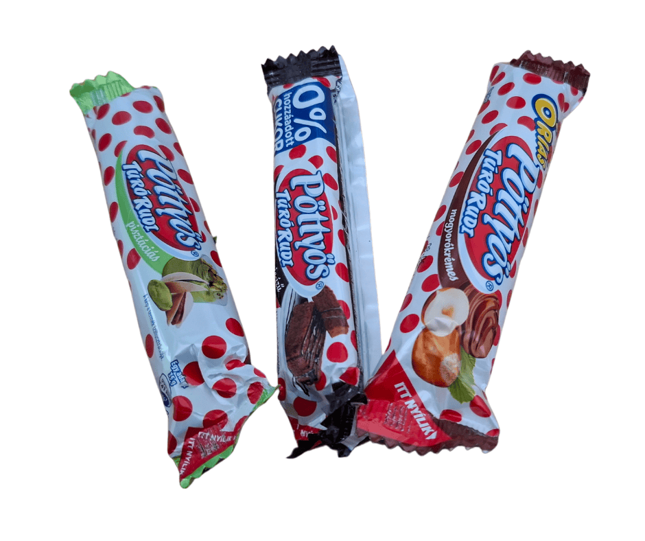 The iconic red polka dot wrapper of a Pöttyös Túró Rudi curd snack