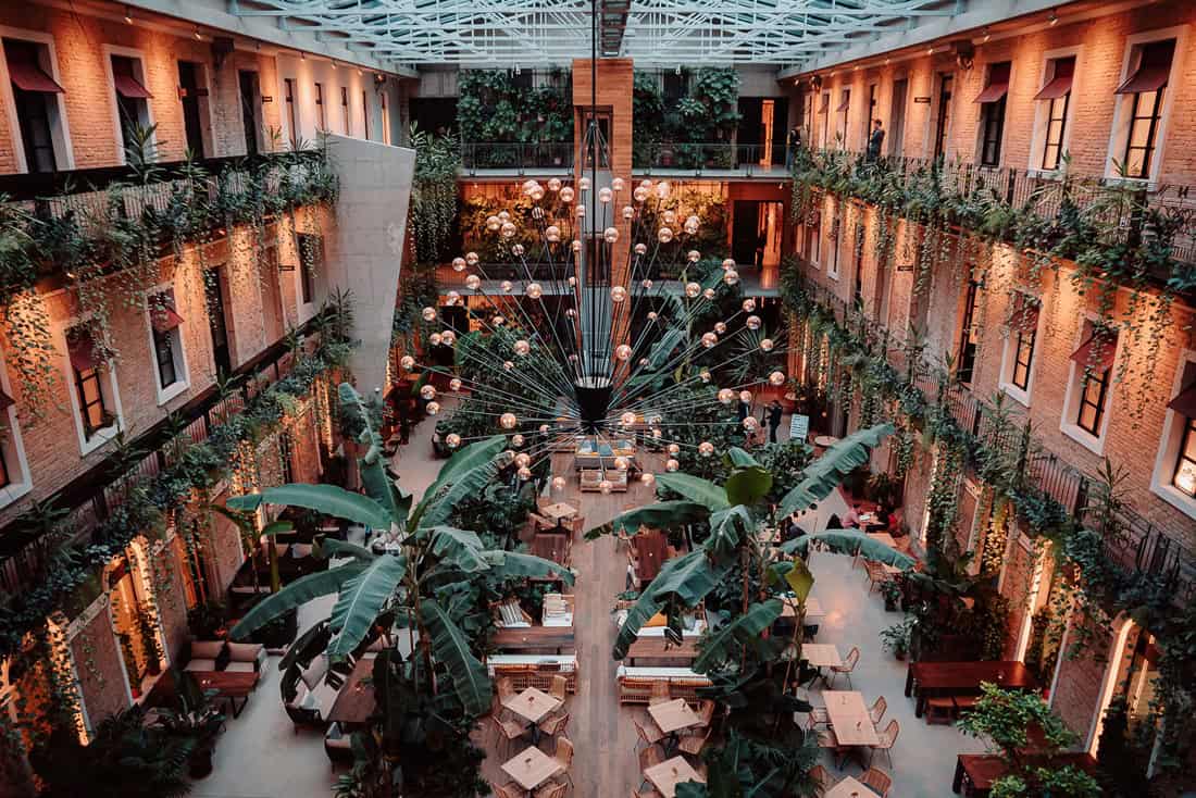 The massive indoor botanical jungle courtyard of Twentysix Budapest