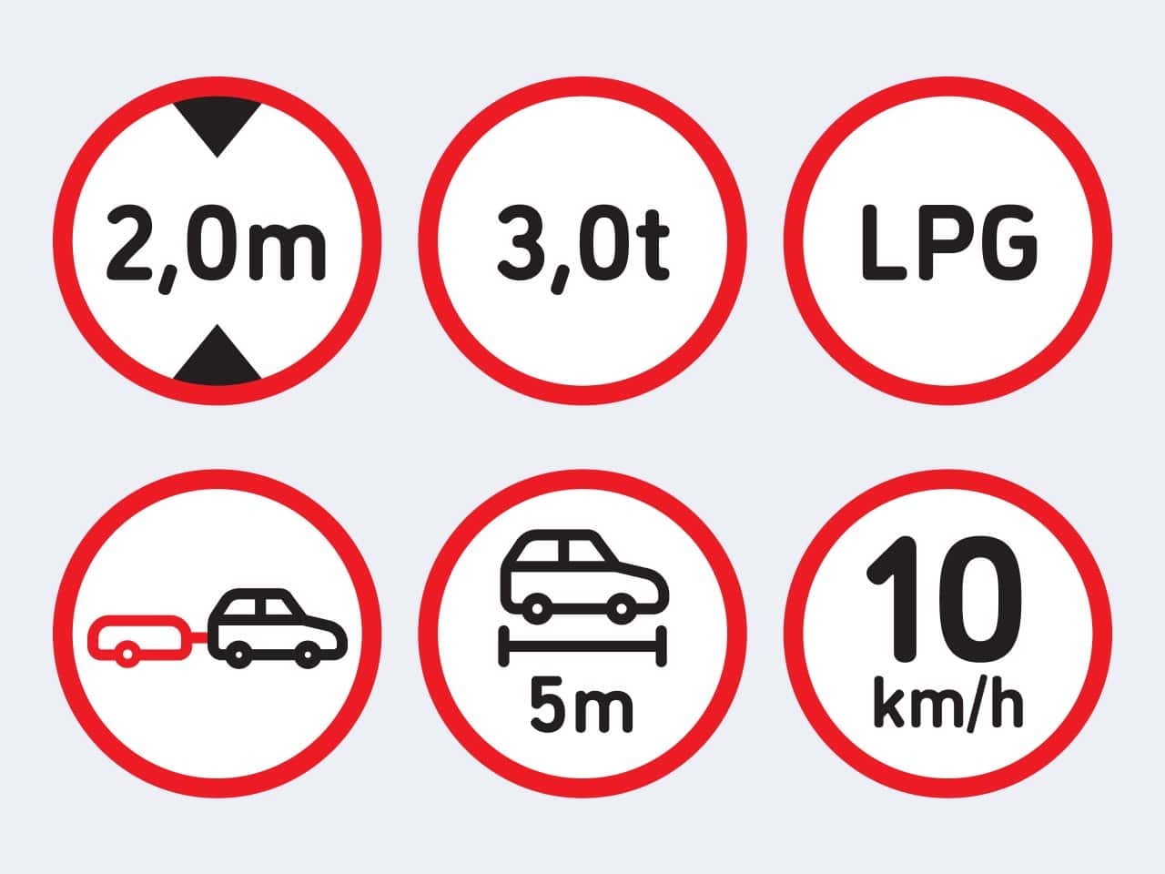 Six circular red-bordered restriction signs detailing limits for underground parking garages