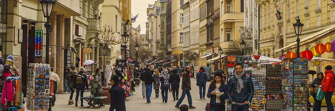 Crowds walking down Váci utca, the famous pedestrian shopping street in District V