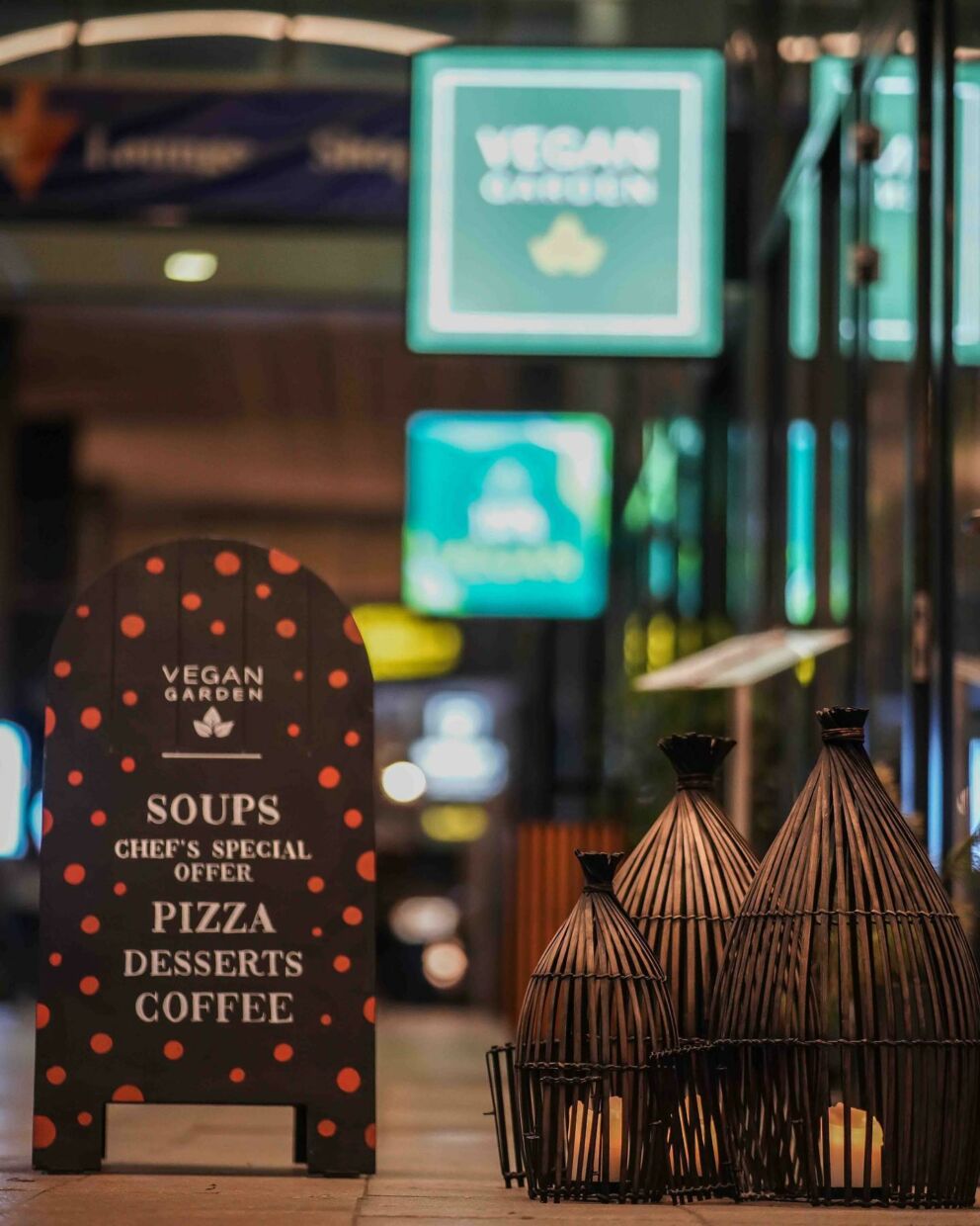 The lively outdoor food truck courtyard of Vegan Garden