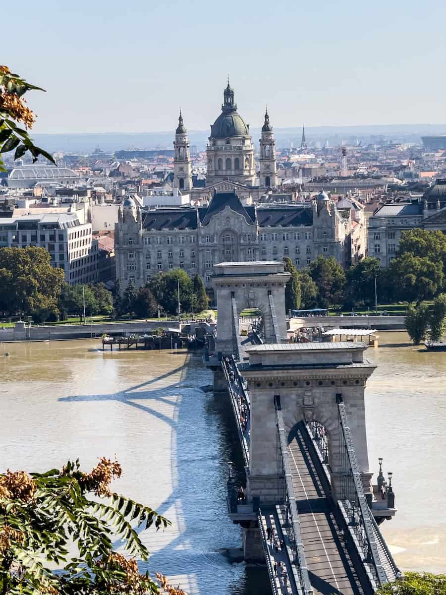 The Chain Bridge and St. Stephen's Basilica viewed from Buda Castle