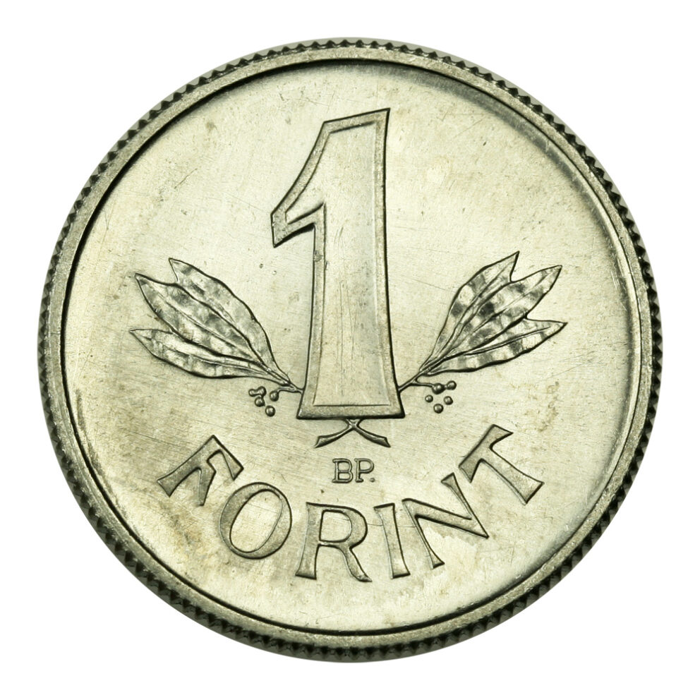 An old, silver 1-forint aluminum coin minted in 1961 during the communist era