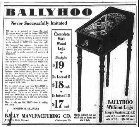 A vintage black-and-white newspaper advertisement for an early Ballyhoo pinball machine