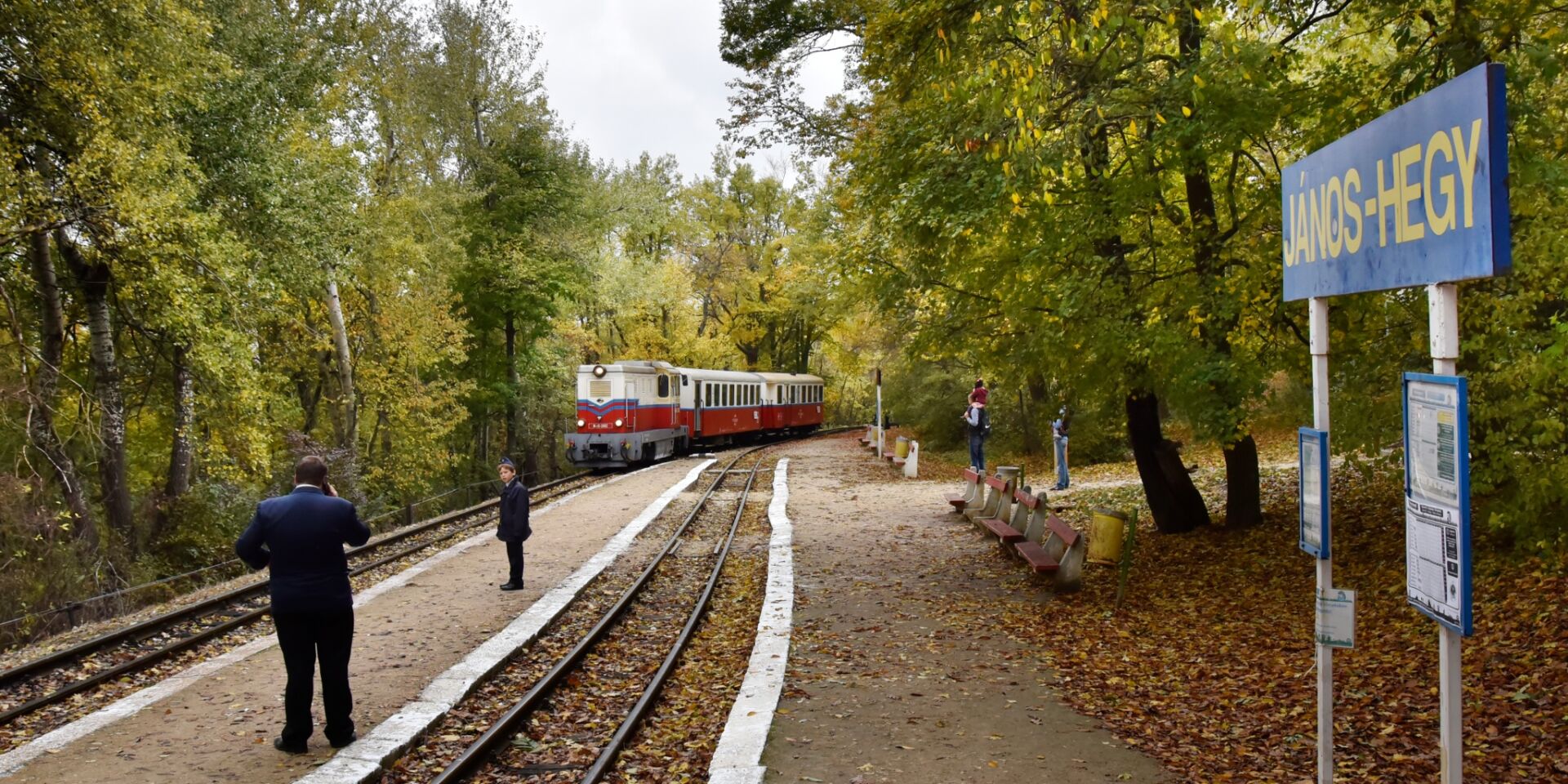 A vintage red diesel locomotive arriving at a forest station operated by a child