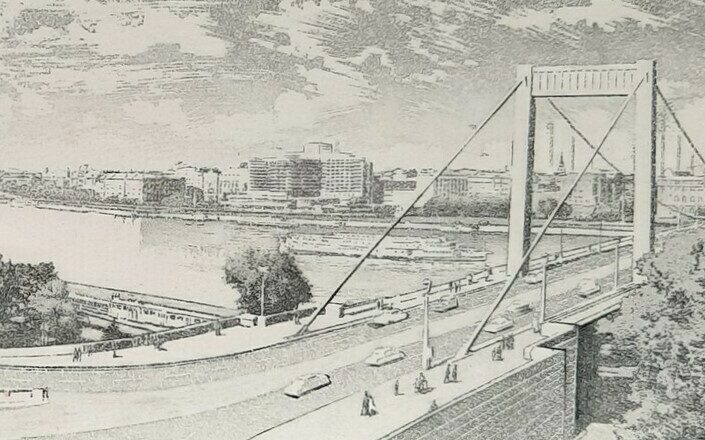 A vintage architectural etching showing the original Erzsébet Bridge spanning the Danube