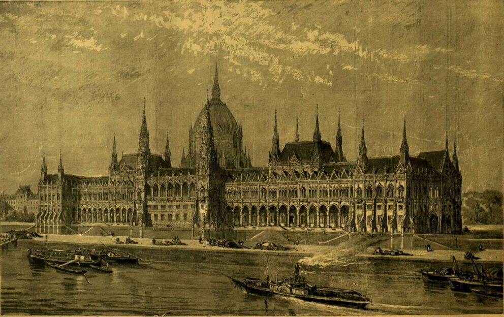Vintage illustration of the Hungarian Parliament Building and historical boats on the Danube