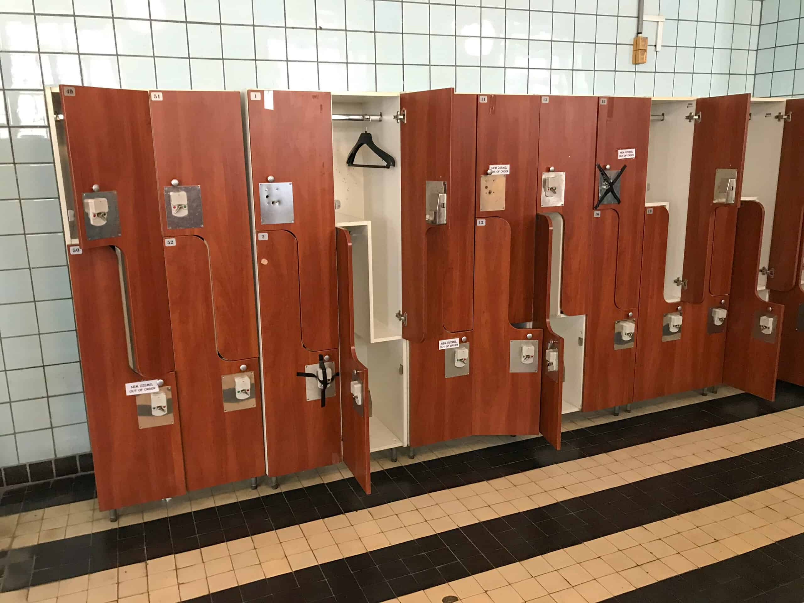 Historic teal-painted wooden lockers preserving the charm of Király Thermal Baths