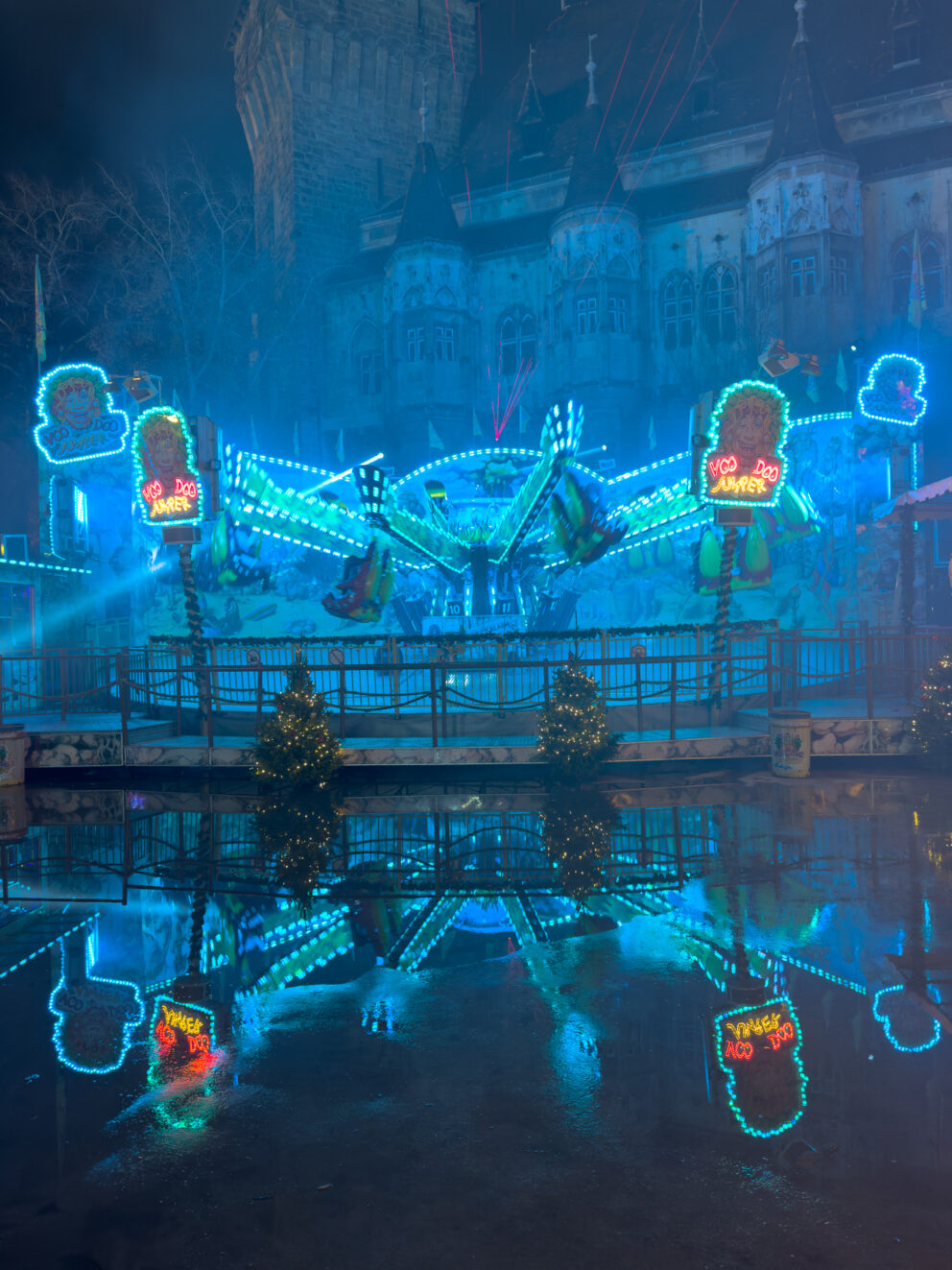 The fast-spinning mechanical arms and suspended seats of the Voodoo Jumper thrill ride