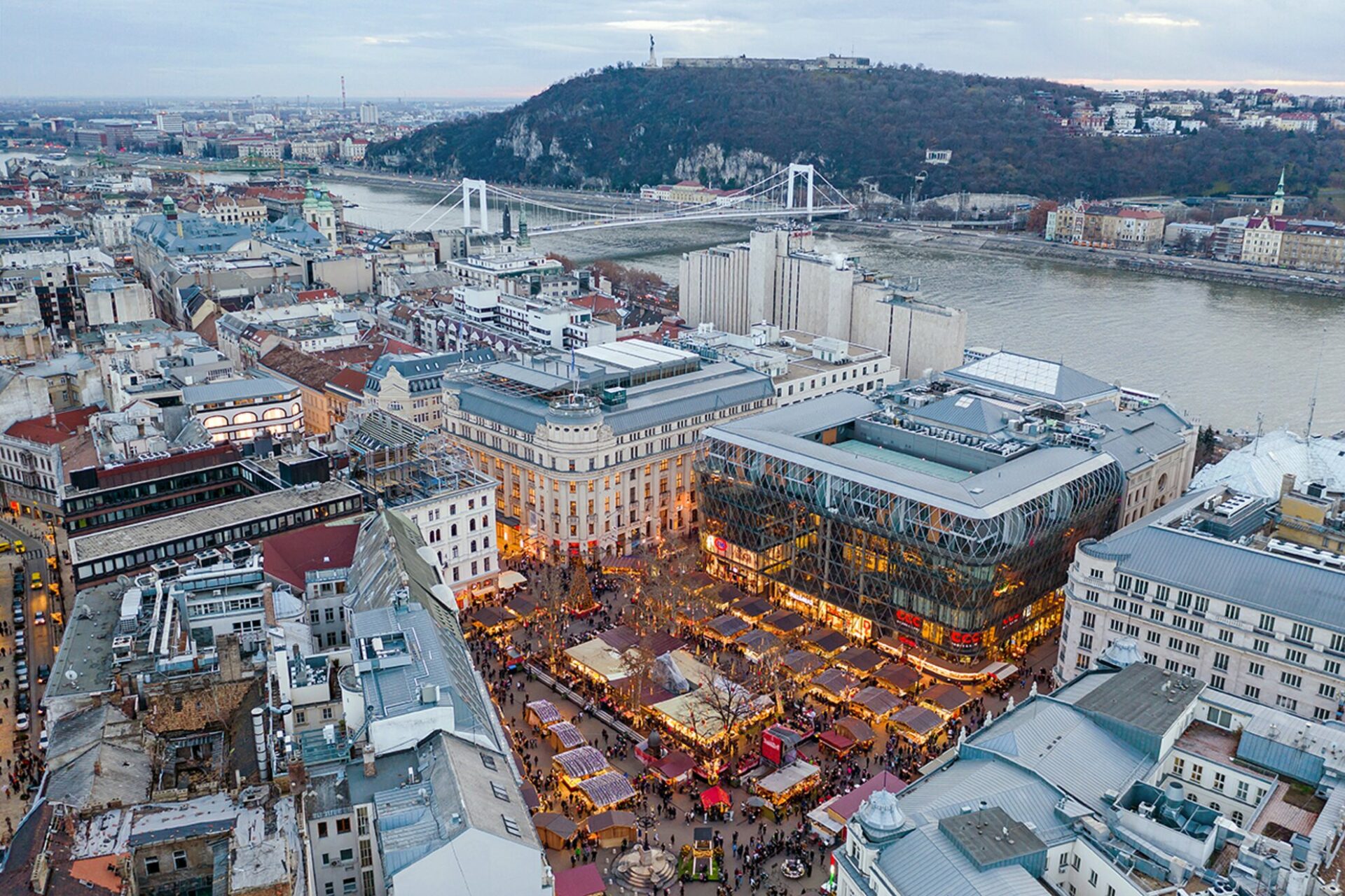 Aerial view of Vorosmarty Square market and the modern Vaci 1 building