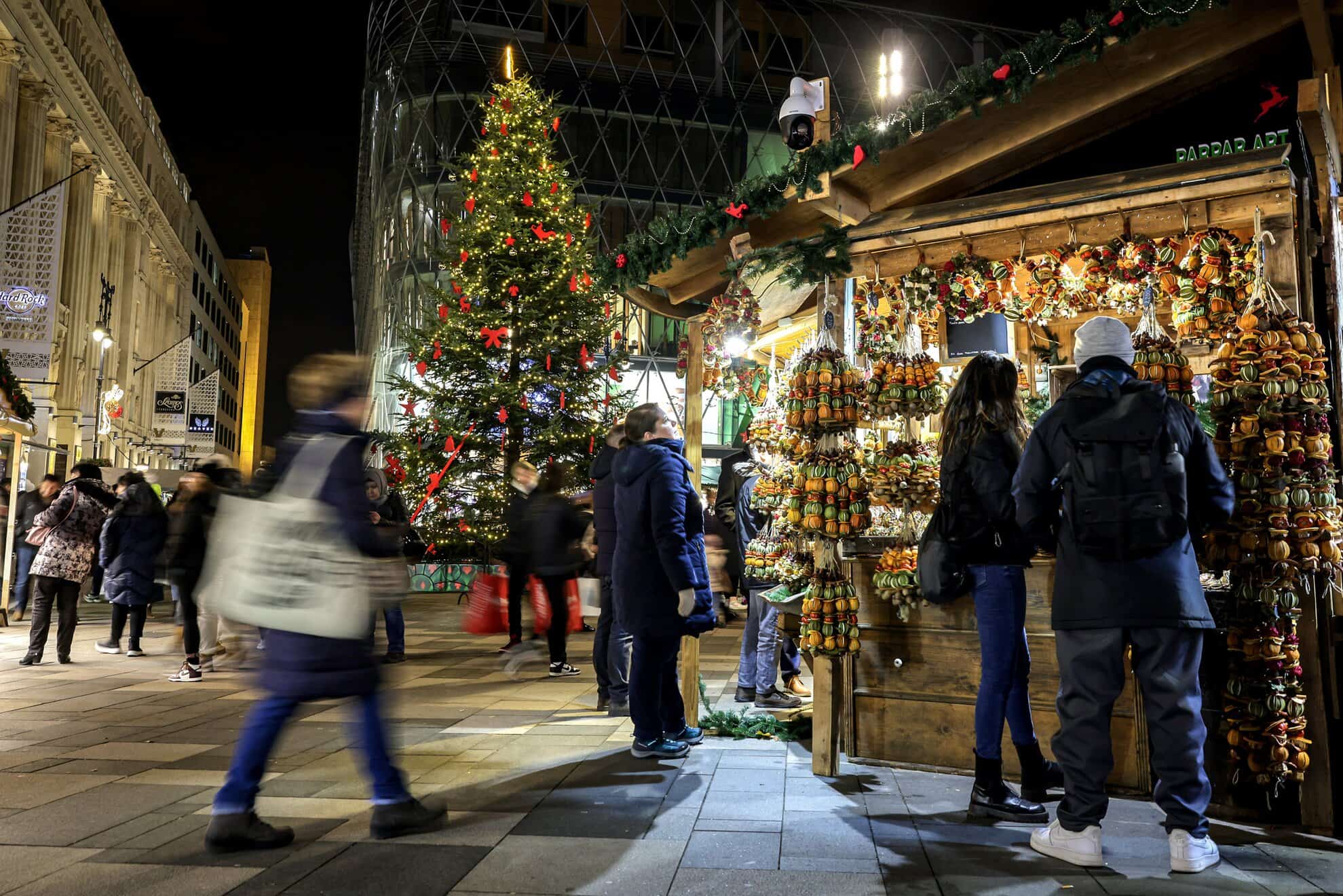 Looking down on the busy and colorful Vörösmarty Square Christmas fair