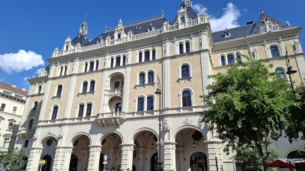 Detailed stonework on the exterior of the W Budapest Hotel