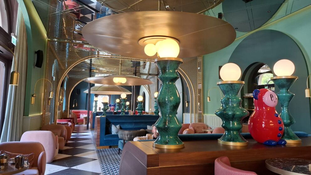 The playful and luxurious restaurant interior at the W Budapest